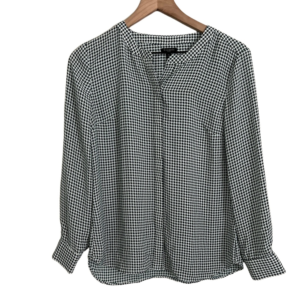 Talbots Blouse Green Buttondown Long Sleeves Houndstooth‎ Pleated Small